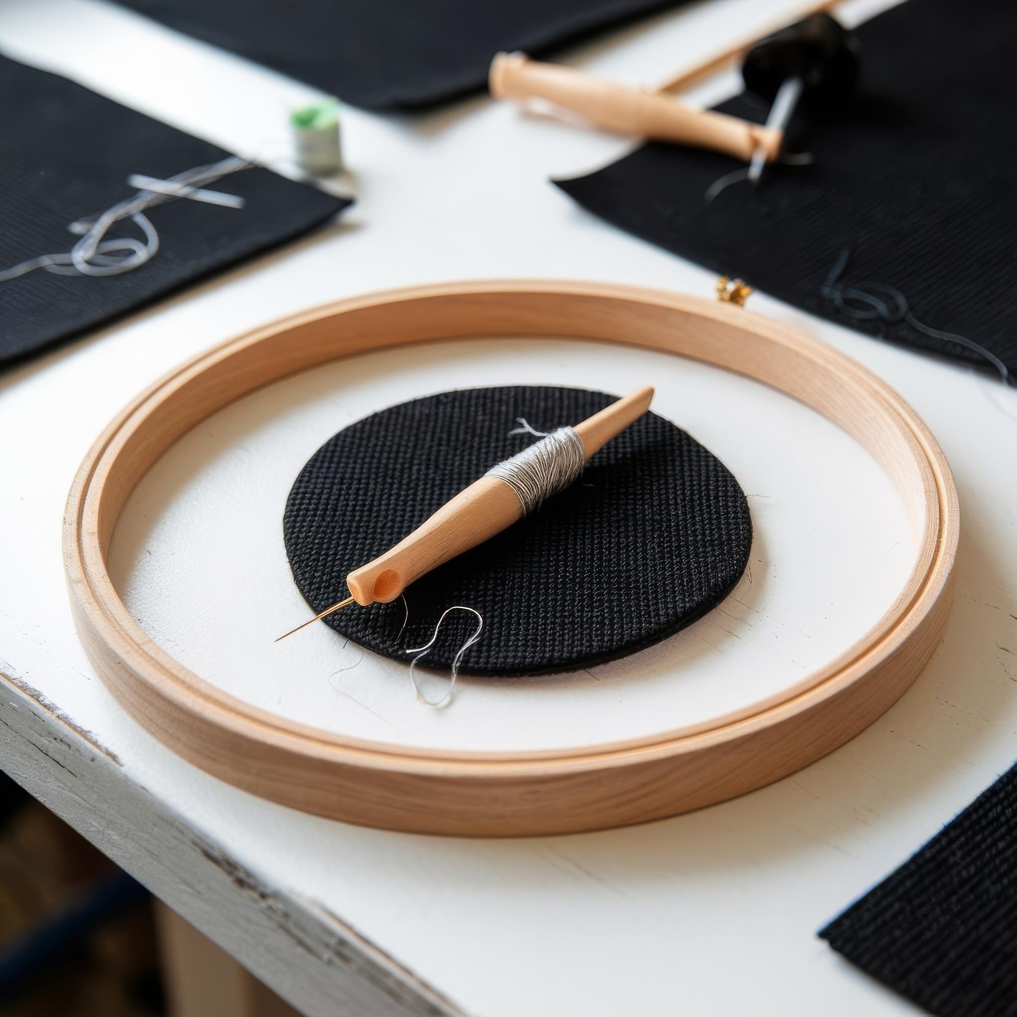 studio bench with hoop, threads and a technical sketch