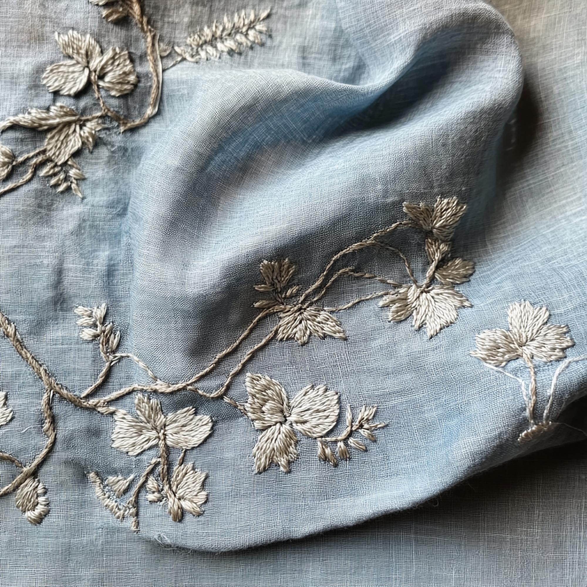 embroidered textile draped on a neutral table - landscape